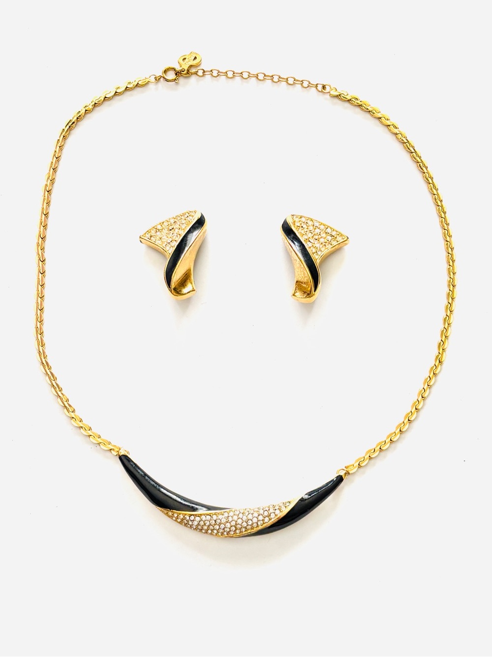 Christian Dior Authenticated Signed Vintage Enamel Rhinestone Necklace Earrings
